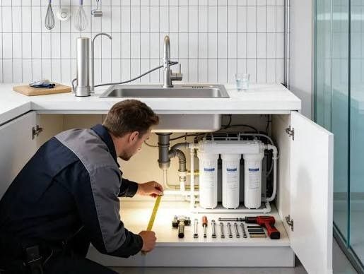 Technician installing a water system under a kitchen sink